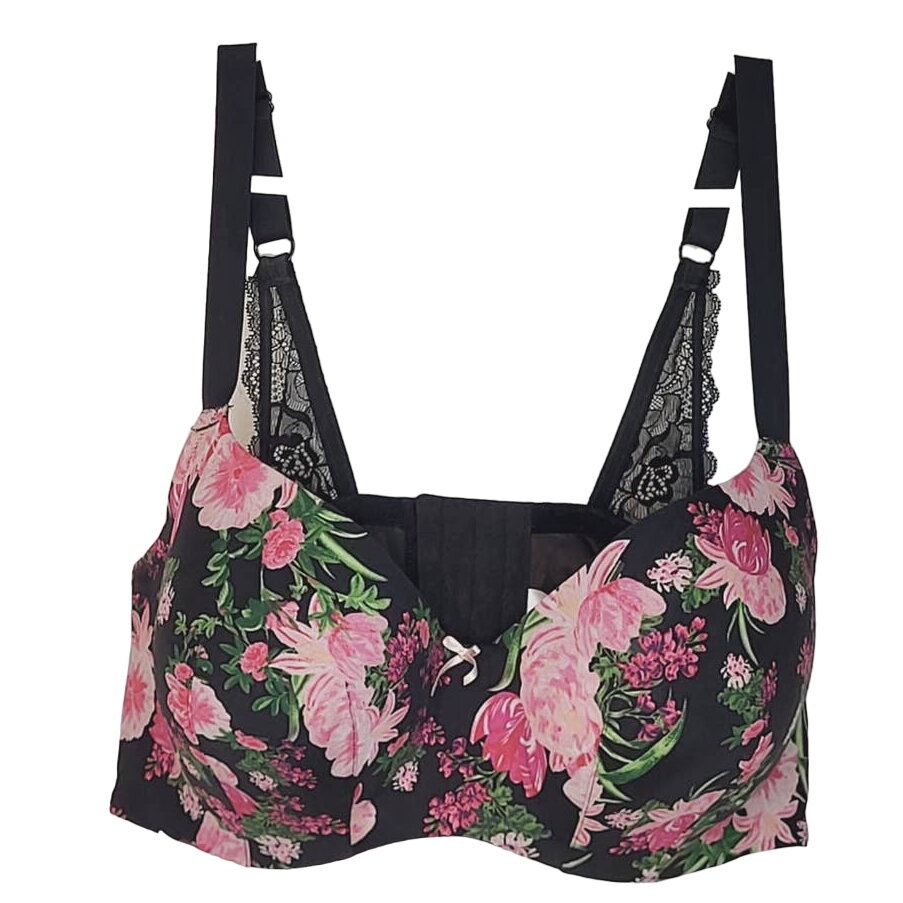 Lane Bryant Cacique Black & Pink Floral Lightly Lined Balconette Bra Size 42dd